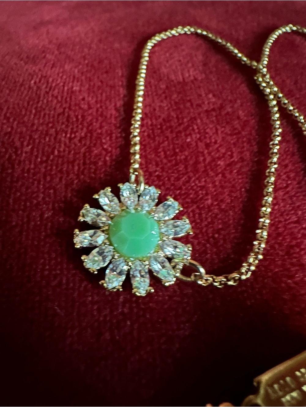 Vintage KateSpade NY Gold Tone small Necklace with Green Gem Floral Pendant
